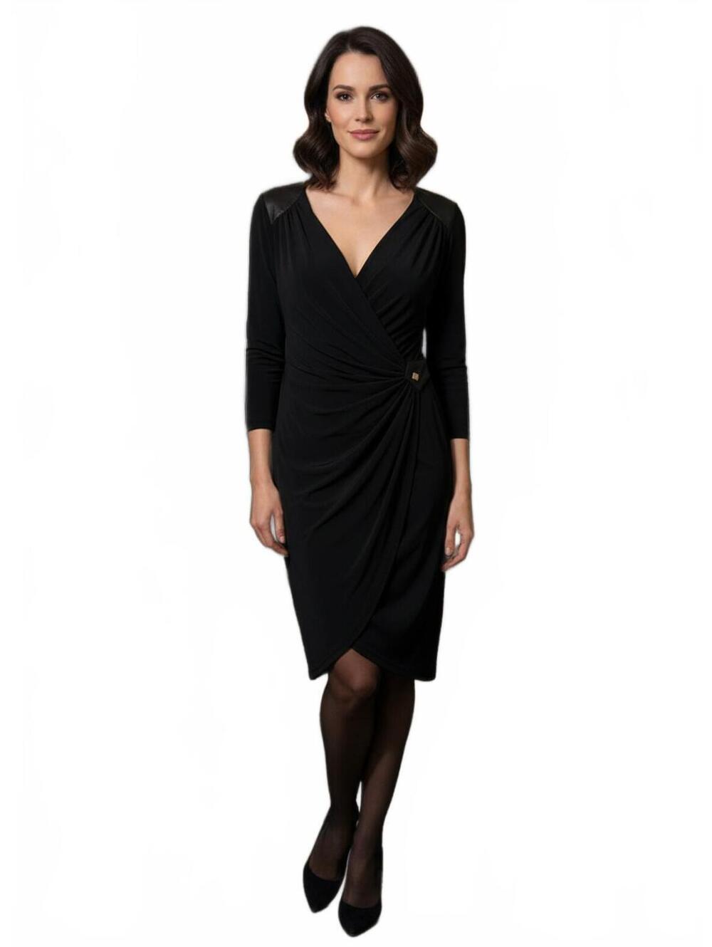 Thalia Sodi Black Faux Leather Accent Wrap Dress Size S